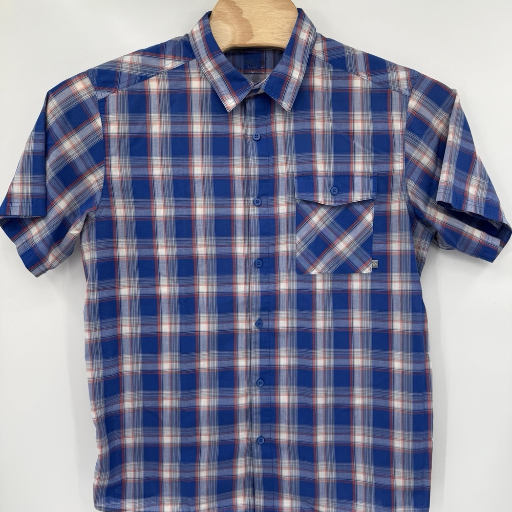 Mountain Hardwear Button Down Shirt Men L Blue Plaid Short Sleeve Hiking Outdoor